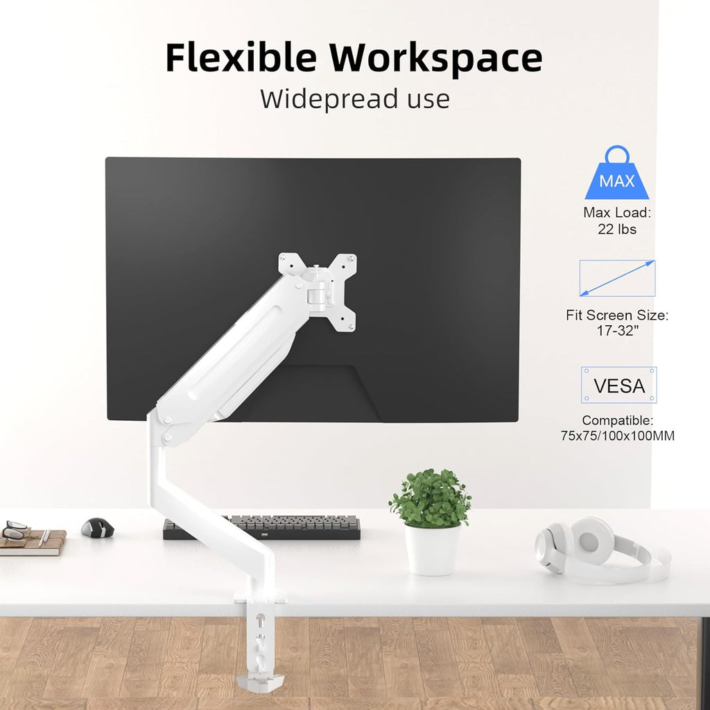 Suptek Single Monitor Mount Adjustable Gas Spring Monitor Arm Desk Mount Stand Fits 17 20 22 23 24 26 27 32 33 inch Monitors,Holds up to 22 lbs,White(MD18W)