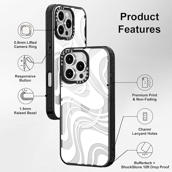 MOSNOVO Magnetic Case for iPhone 16 Pro, 10ft Military-Grade Protection, Compatible with Magsafe, Shockproof Phone Case for iPhone 16 Pro - White Swirl - Clear Black