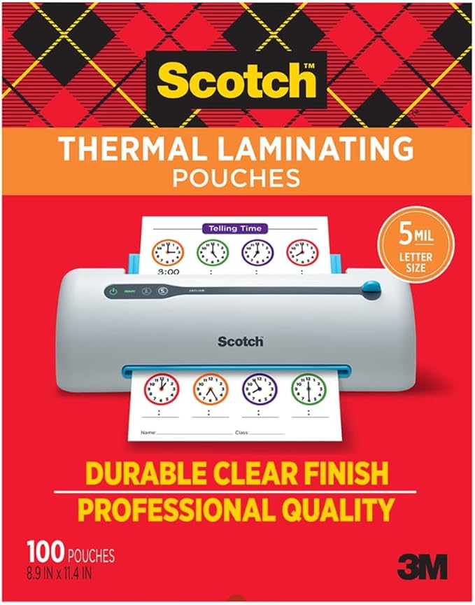 Scotch Thermal Laminating Pouches, 100 Count, Clear, 5 mil, Laminate Business Cards, Small Banners, Essays, Office or School Supplies, Fits Letter Size 8.9x11.4 in Paper
