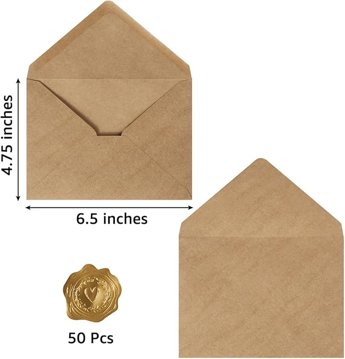 50 Pack A6 Envelopes for 4 x 6 Greeting Cards, Birthday Party, Photos, Baby Shower and Wedding Invitation Cards, 6 1/2 x 4 3/4 Inches (Brown)