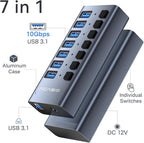 Powered USB 3.1 Hub, ACASIS 7 Ports USB 3.1 Hub with 10Gbps Data Speed，Aluminum Housing, USB Hub Powered with 24W Power Adapter, USB Hub for PC/Laptop, Computer, Flash Drive, Printer, Camera