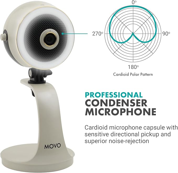 Movo WebMic HD Pro All-in-One Webcam with Mic and Ring Light in Pearl White- 1080p HD Camera, Pro Cardioid Condenser Microphone, LED Ring Light -HD Webcam For Streaming, Video Calls, Recording, Gaming