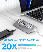 Powered USB-C 7-Port Hub, USB 3.2 Gen 2 Adapter - 4x 10Gbps Data, 3x 3.3ft Charging Ports, 30W Power Adapter for Laptop, PC, MacBook