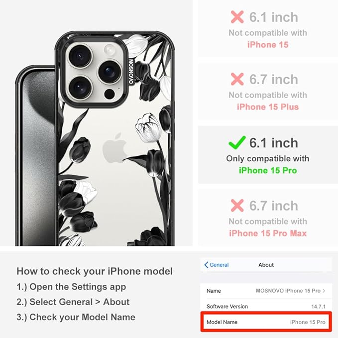 MOSNOVO Case for iPhone 15 Pro, [10ft 4X Military-Grade Drop Protection] Durable & Shockproof Phone Case Cover Design for iPhone 15 Pro - Black White Tulips - Clear Black