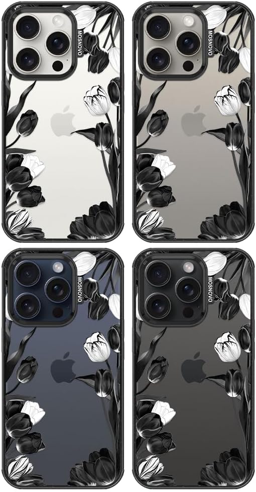 MOSNOVO Case for iPhone 15 Pro, [10ft 4X Military-Grade Drop Protection] Durable & Shockproof Phone Case Cover Design for iPhone 15 Pro - Black White Tulips - Clear Black