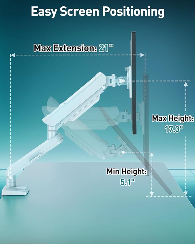 Single Monitor Desk Mount, 13-32 inch Adjustable Gas Spring Monitor Arm, Computer Monitor Stand Holder with Clamp and Grommet Base, Fits 4.4 to 22lbs Screens, VESA Mount Bracket, White, Freelift Pro