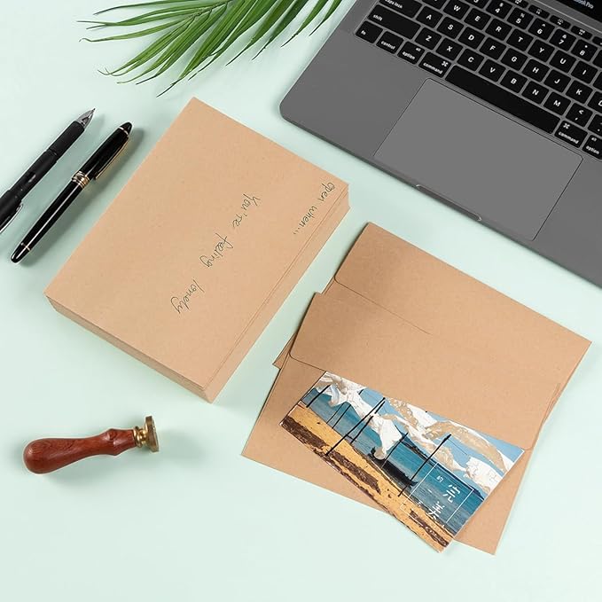 Wishop 100 Pack Brown A7 Envelopes Self-Adhesive 5x7 Envelopes for Invitations, 5x7 Greeting Cards (Brown, 5.24 x 7.21 Inches)