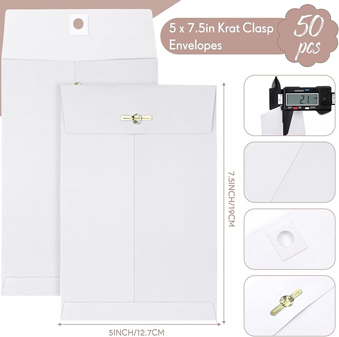 Teling 50 Pcs 5 x 7.5 Manilla Envelopes Clasp Kraft Catalog with Closure for Storing Mailing 28 lb Kraft Envelope Paper for Office Document School Business Home(White)