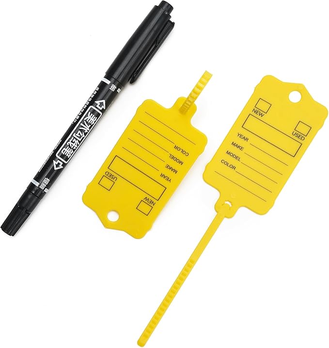 200 Car Key Tags with Labels Plastic Car Dealership Key Tags Self Locking Automotive Identifiers Blank Shop Labels with One Pen (Yellow)