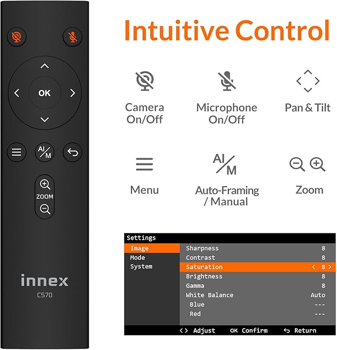 Innex C570 120-Degree Wide Angle Webcam 4K with AI Tracking, Auto-Framing, ePTZ, Webcam with Microphone, 5X Digital Zoom, Remote Control, Privacy Cover, Conference Camera for Zoom, Microsoft Teams