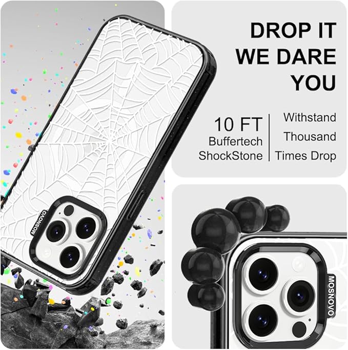 MOSNOVO Magnetic Case for iPhone 14 Pro Max, 10ft Military-Grade Protection, Compatible with Magsafe, Shockproof Phone Case for iPhone 14 Pro Max - Spider Web - Clear Black