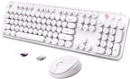 Wireless Keyboard and Mouse Combo, Ergonomic Full Size Typewriter Retro Round Keycaps Keyboard, Compatible with Windows, PC, Perfer for Home and Office Keyboards（White）