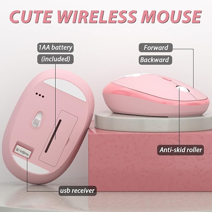 Wireless Keyboard,KOOTOP Cute Colorful 104 Keys Typewriter Retro Round Keycaps Keyboard for PC Laptop,Desktop,Windows, Home and Office Keyboards (Pink)