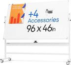 Rolling Dry Erase Board 96 x 46 - Large Portable Magnetic Whiteboard with Stand - Double Sided Easel Style Whiteboard with Wheels - Mobile Standing White Board for Office, Classroom & Home