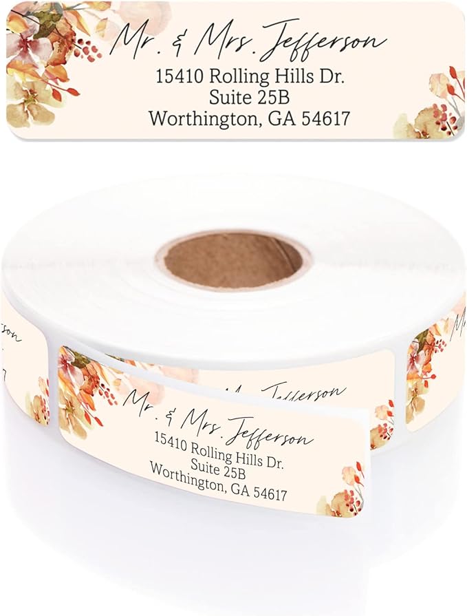Rust Orange Floral Rolled Address Labels / 500 Personalized Return Address Labels/Designer Address Stickers in Elegant Plastic Dispenser