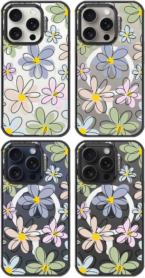 MOSNOVO Magnetic Case for iPhone 15 Pro, 10ft Military-Grade Protection, Compatible with Magsafe, Shockproof Phone Case for iPhone 15 Pro - Linear Blooms - Clear Black