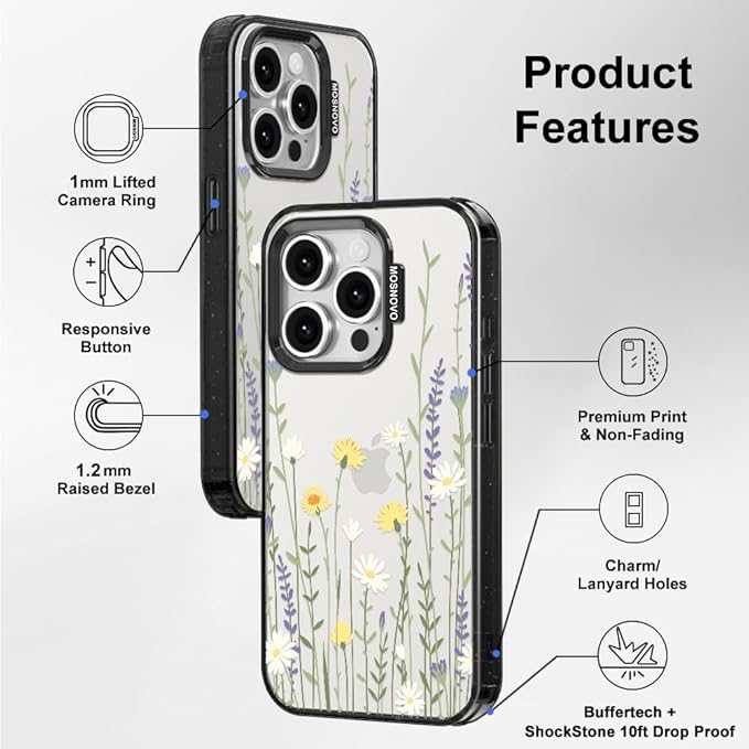 MOSNOVO Case for iPhone 15 Pro, [10ft 4X Military-Grade Drop Protection] Durable & Shockproof Phone Case Cover Design for iPhone 15 Pro - Wild Meadow - Clear Black