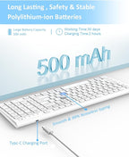 FENIFOX Wireless Keyboard, Bluetooth + USB Ergonomic Silent Quiet Rechargeable with Number Pad Compact Full Size Multi Device Keyboards for iPad Tablet Mac Computer Surface PC MacBook Laptop White