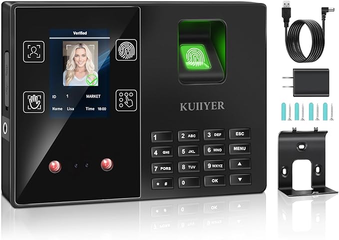 KUIIYER 4 in 1 Employee Time Clocks for Small Business (Face + Fingerprint + Palm Print + PIN) Employee Clock in & Out Machine Attendance Punch Clock