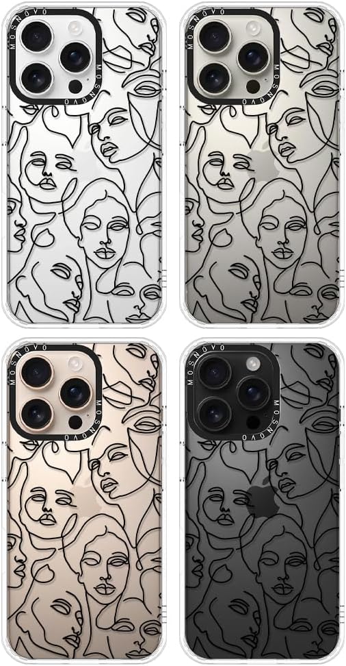 MOSNOVO Case for iPhone 16 Pro, [Buffertech 6.6ft Military-Grade Drop Protection] [Anti Peel Off Tech] Clear TPU Bumper Phone Case Cover Design - Abstract Face Line Art