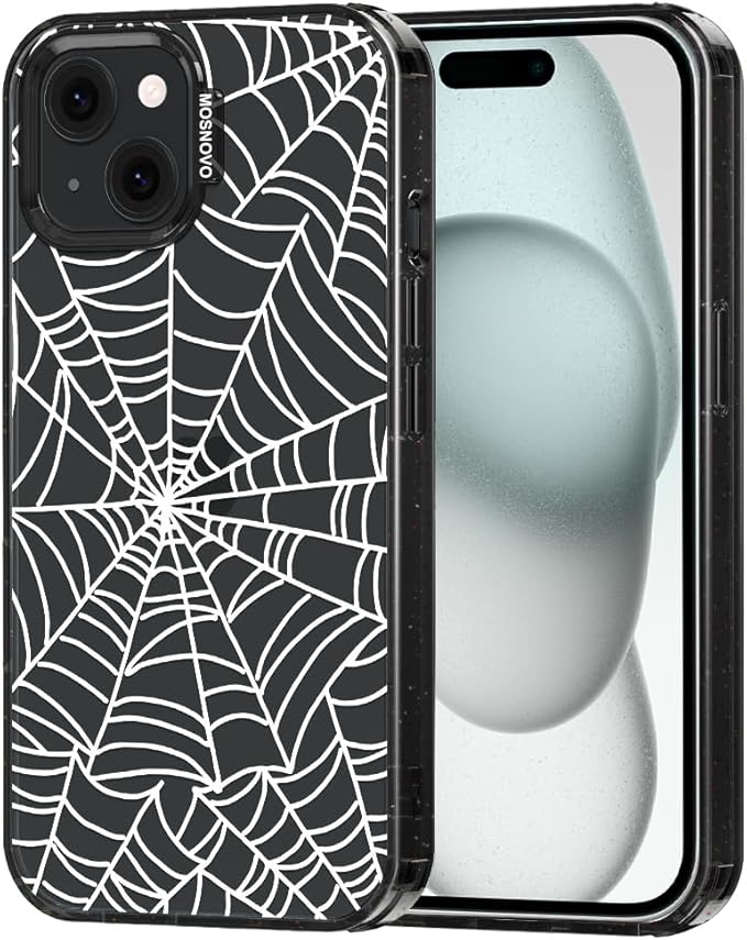 MOSNOVO Case for iPhone 15, [10ft 4X Military-Grade Drop Protection] Durable & Shockproof Phone Case Cover Design for iPhone 15 - Spider Web - Clear Black