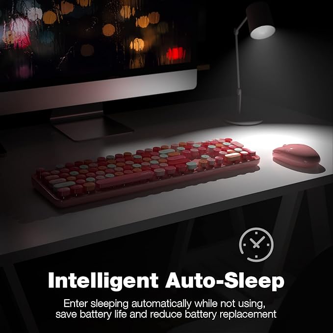 MOFII Wireless Keyboard and Mouse, Pink Colorful Round Key Retro Typewriter Keyboards, USB Wireless 2.4G Full Size Keyboard and Cute Mice Combo for Computer, Laptop, PC, Chromebook, Smart TV