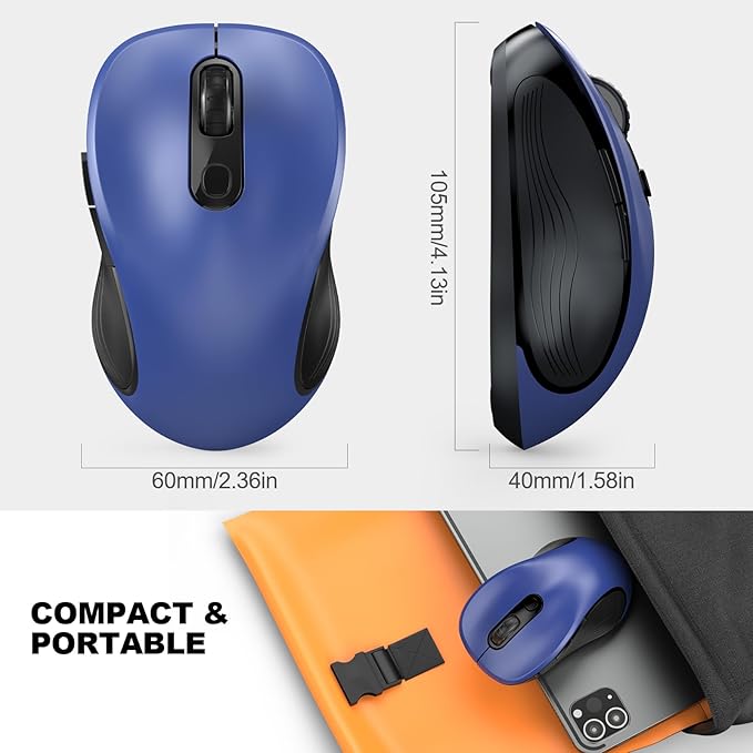 WisFox 2.4G Wireless Mouse for Laptop, Ergonomic Computer Mouse with USB Receiver and Type-C Adapter, 3 Adjustable Levels, 6 Button Cordless Wireless Mice for Windows Mac PC Notebook (Blue)