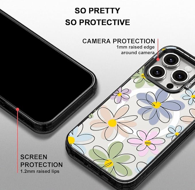 MOSNOVO Magnetic Case for iPhone 15 Pro, 10ft Military-Grade Protection, Compatible with Magsafe, Shockproof Phone Case for iPhone 15 Pro - Linear Blooms - Clear Black