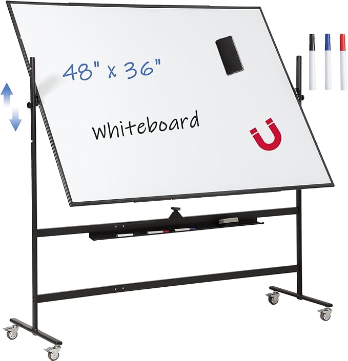 FORTUNO Magnetic Mobile Whiteboard 48"x36", Rolling Double Sided Dry Erase Board with Stand, Reversible Adjustable Height/Angle Easel White Board on Wheels 4' x 3' for Office Classroom Home, Black