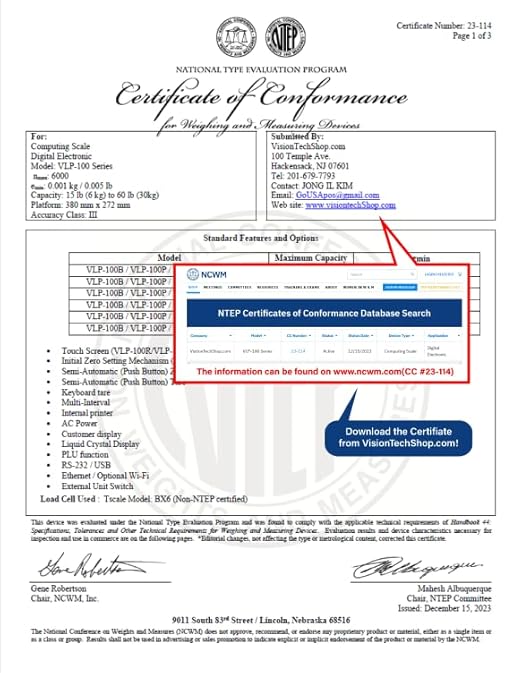 VisionTechShop VLP-100B Label Printing Scale, Capacity 30/60lb Readability 0.01/0.02lb, NTEP Legal for Trade
