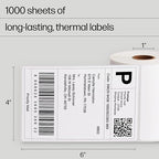 HP 4” x 6” Direct Thermal Shipping Labels, 4 Rolls 250 Sheets per Roll, Multipurpose Thermal Labels for Personal or Business Use, Compatible with HP and Other Thermal Label Printers, White