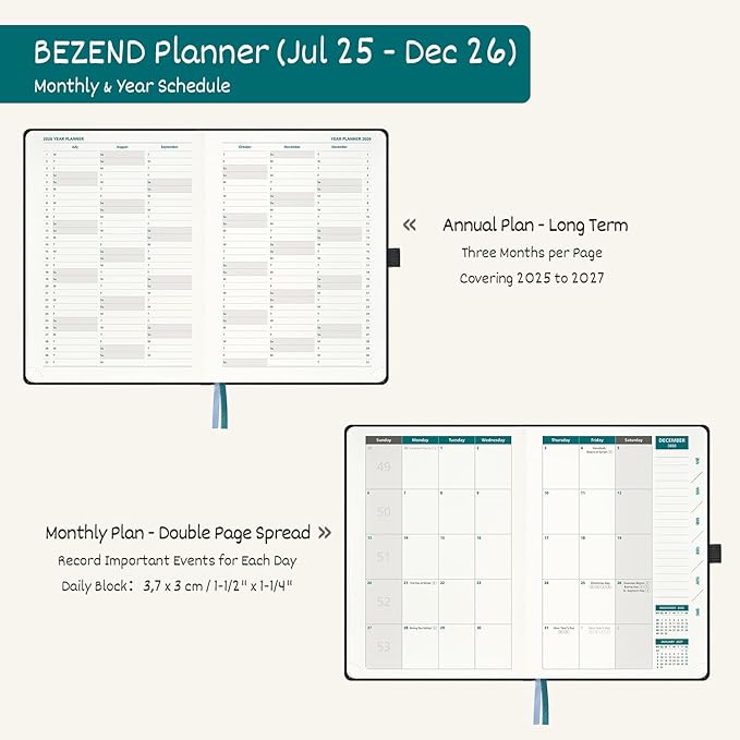 BEZEND Weekly Planner 2025-2026 with 2 Columns, 5.8" x 8.5" Academic Calendar 18 Months (Jul 25-Dec 26) Life Work Appointment Book with Monthly Tab, PU Leather Hardcover - Dutch Blue