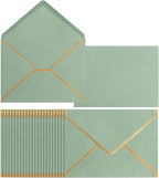 50 Pack A4 Envelopes Sage Green 4x6 Self-Adhesive V Flap Envelopes with Gold Border for Office, Wedding Gift Cards, Invitations, Graduation, Baby Shower, Parties (4.25x6.25 inches)