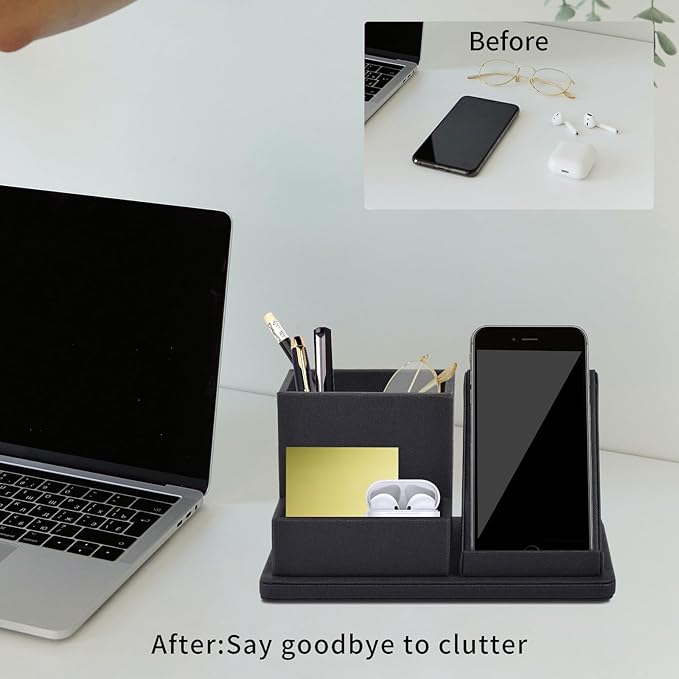 Pu Leather Desk Pen/Pencil Organizer Multi-Function Cell Phone/Remote Control Storage Box with 3 Compartments Office Supplies Sticky Note Tray Business Cards Holder,Black