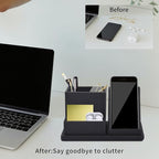 Pu Leather Desk Pen/Pencil Organizer Multi-Function Cell Phone/Remote Control Storage Box with 3 Compartments Office Supplies Sticky Note Tray Business Cards Holder,Black