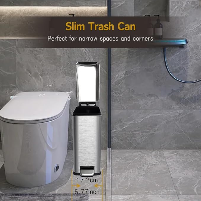 Bathroom Trash Can, 10L/2.6 Gallon Stainless Steel Step Slim Garbage Can, Pedal Trash Bin with Removable Liner Bucket, Soft Close Lid, Rectangle Trash Bin for Office, Kitchen, Bedroom