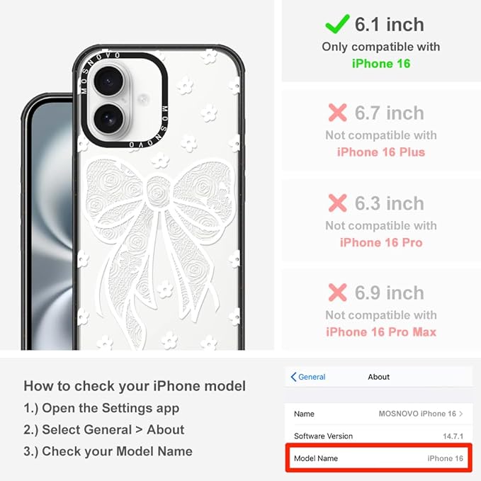 MOSNOVO Case for iPhone 16, [10ft 4X Military-Grade Drop Protection] Durable & Shockproof Phone Case Cover Design for iPhone 16 - Lacey Bow - Clear Black