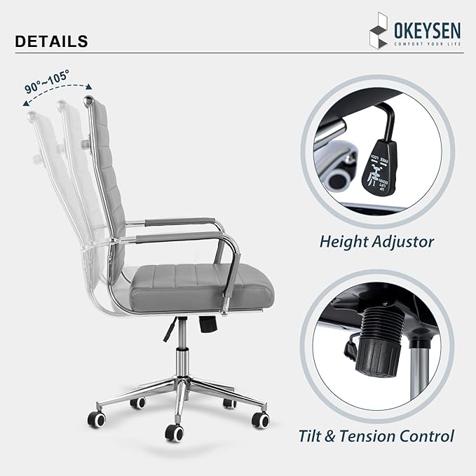 Okeysen Ergonomic Office Desk Chair, Modern PU Leather Conference Room Chairs Ribbed, High Back Executive Swivel Rolling Chair for Home, Office