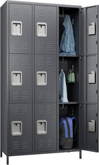 Metal Lockers for Employees with Lock,9 Doors Metal Storage Locker with 18 Hooks,Steel Storage Locker for School Office Gym Bedroom,Assembly Required (9 Door-Dark Grey)