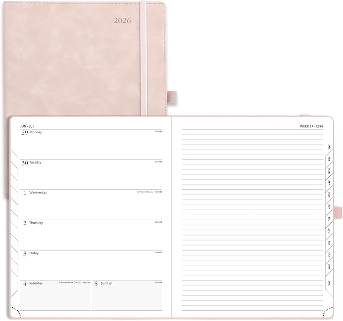 POPRUN Weekly Planner 2026 (Large 8.5" x 10.5") Calendar 12 Months Notebook with Horizontal Layout, Leather Soft Cover, Monthly Tabs, Inner Pocket, 100GSM Thick Paper, Pen Holder - Soft Pink