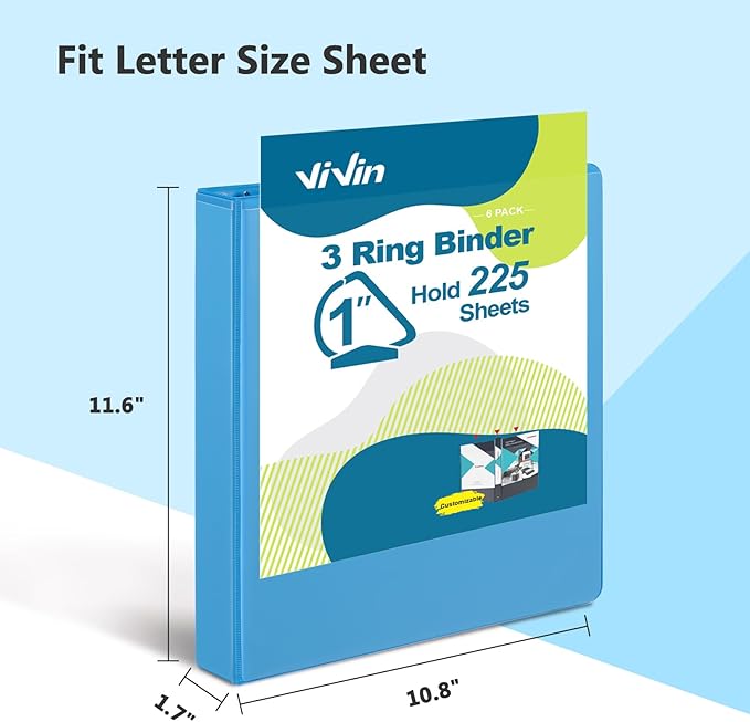 ViVin Sturdy 1 Inch D Ring Binders, 3 Ring Binders with 2 Pockets, Hold 225 Sheets of US Letter Size Paper for Office,Home,School, 12 Pack (Assorted)