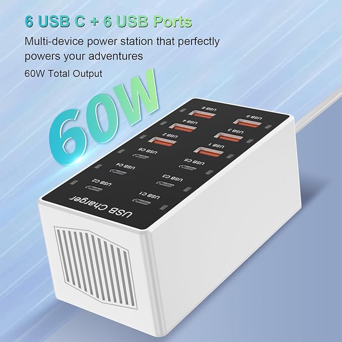 USB C Charger 12-Ports Charging Station for Multiple Devices - Wall Power Hub Strip Smart Plug Dock Block 6A 6C for iPhone Xs/XR, iPad, iPod, Laptops and Smart Phones 60W
