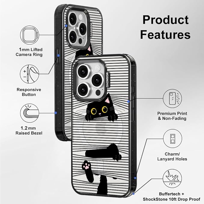 MOSNOVO Magnetic Case for iPhone 15 Pro, 10ft Military-Grade Protection, Compatible with Magsafe, Shockproof Phone Case for iPhone 15 Pro - Hidden Black Cat - Clear Black