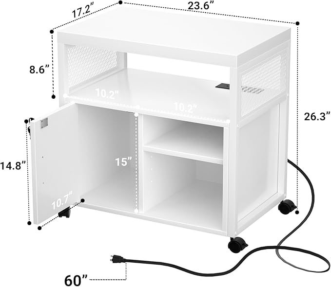 Unikito Rolling File Cabinet Lateral Office Filing Cabinets with Socket and USB Charging Port, Modern Printer Stand on Wheels, Printer Cabinet with Door and Open Storage, Lockable, White