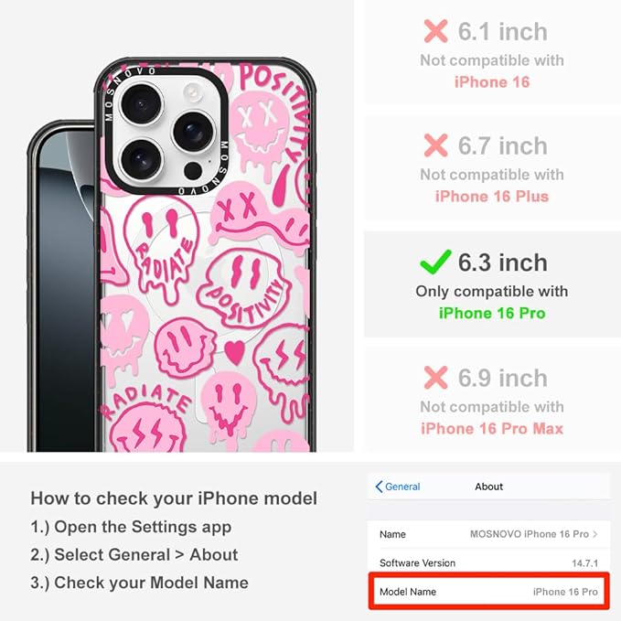 MOSNOVO Magnetic Case for iPhone 16 Pro, 10ft Military-Grade Protection, Compatible with Magsafe, Shockproof Phone Case for iPhone 16 Pro - Pink Dripping Smiles - Clear Black