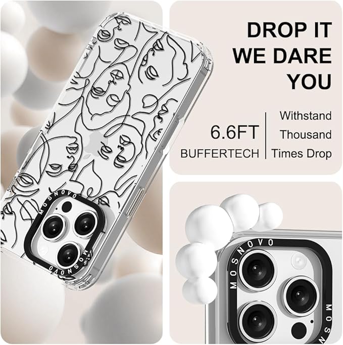 MOSNOVO Case for iPhone 16 Pro, [Buffertech 6.6ft Military-Grade Drop Protection] [Anti Peel Off Tech] Clear TPU Bumper Phone Case Cover Design - Abstract Face Line Art