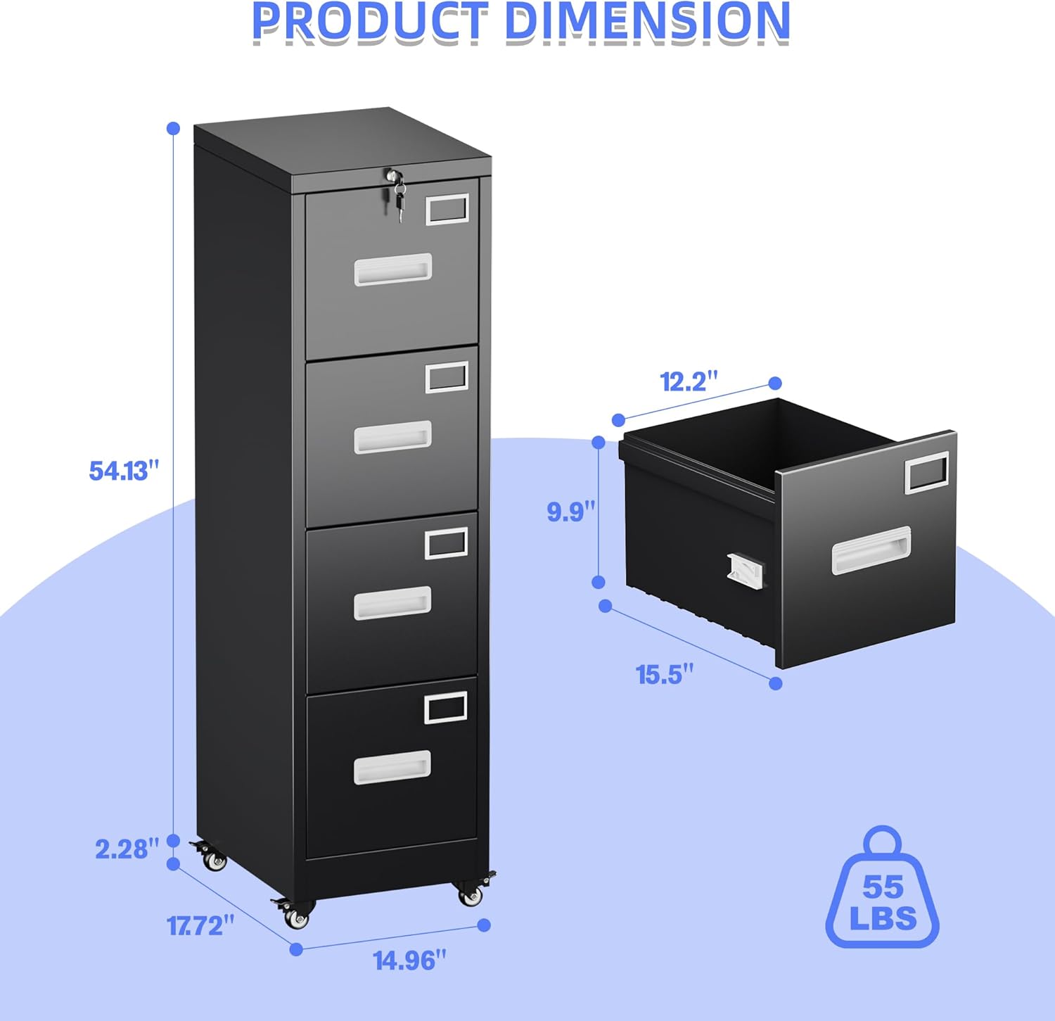 METAN 4 Drawer Vertical File Cabinet on Wheels, Lockable Office Files Storage Cabinet with Handle and Name Card,Mobile Storage Cabinet for Office and Home,Assembly Required,Black