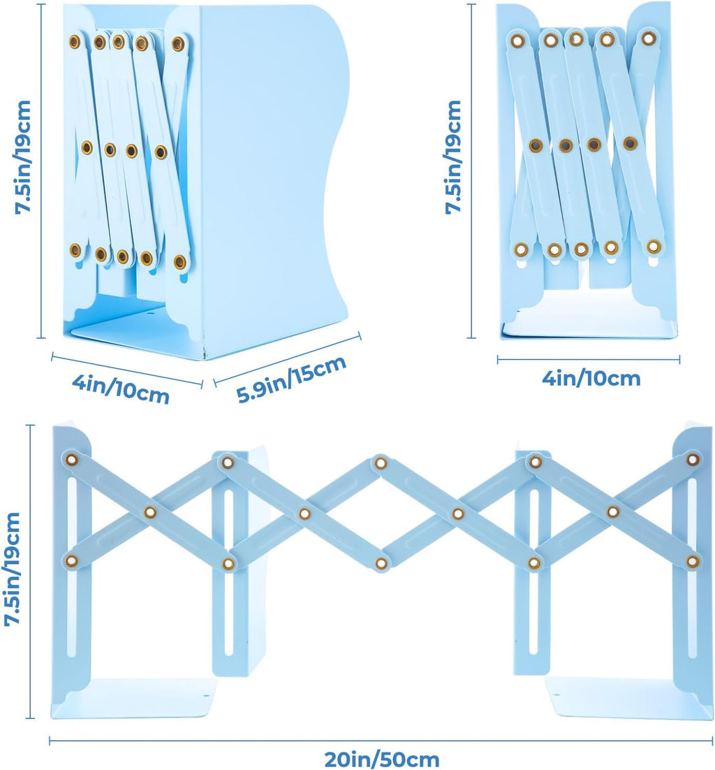 M&G Adjustable Bookends Book Ends for Shelves, Metal Bookend for Heavy Books, Desk Magazine File Organizer Holder Extends up to 20in, Book Stopper for Home, Office, Classroom (Blue)