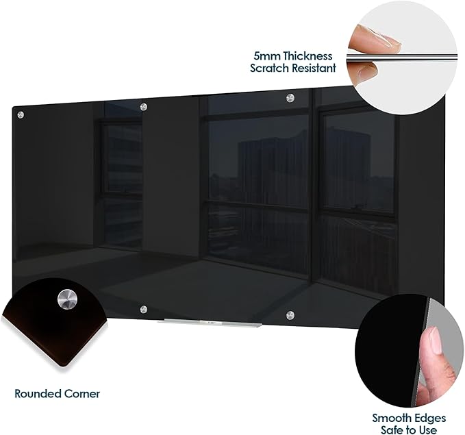 J&J worldwide Glass Whiteboard 8' x 4', Magnetic Black Glass Dry Erase Board, Black White Board Frameless, Includes Markers, Magnets, Marker Tray, Eraser for Wall, Office, Home, School