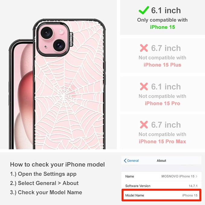 MOSNOVO Case for iPhone 15, [10ft 4X Military-Grade Drop Protection] Durable & Shockproof Phone Case Cover Design for iPhone 15 - Spider Web - Clear Black